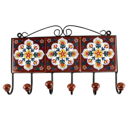 Dark Brown With White Floral Ceramic Tile Hook